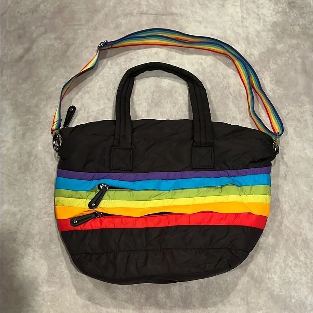 Sondra Roberts squared black rainbow puffer tote bag